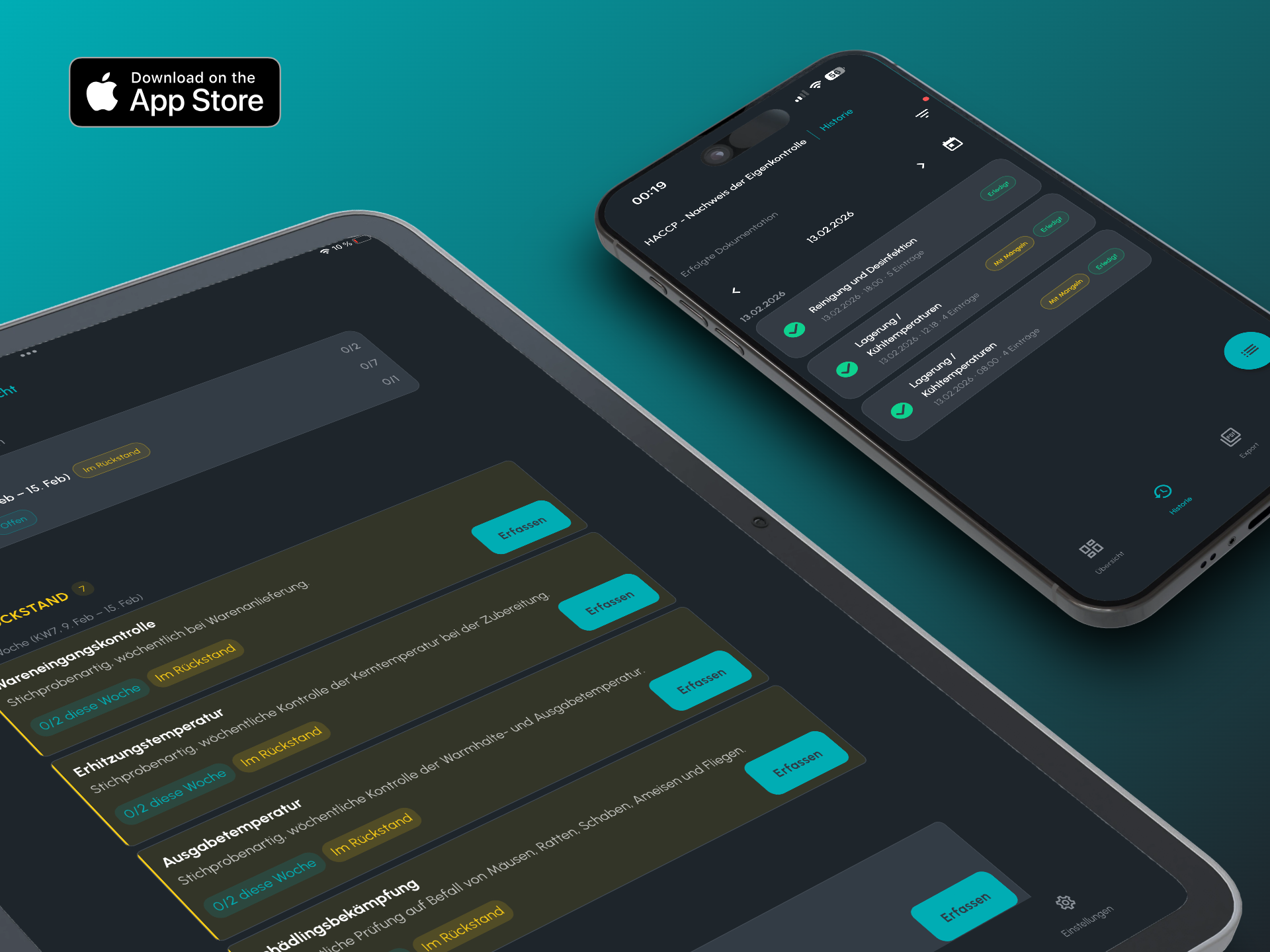 Screenshot der HACCP App: Tägliche Übersicht aller Aufgaben und deren Erledigungsstatus auf einen Blick