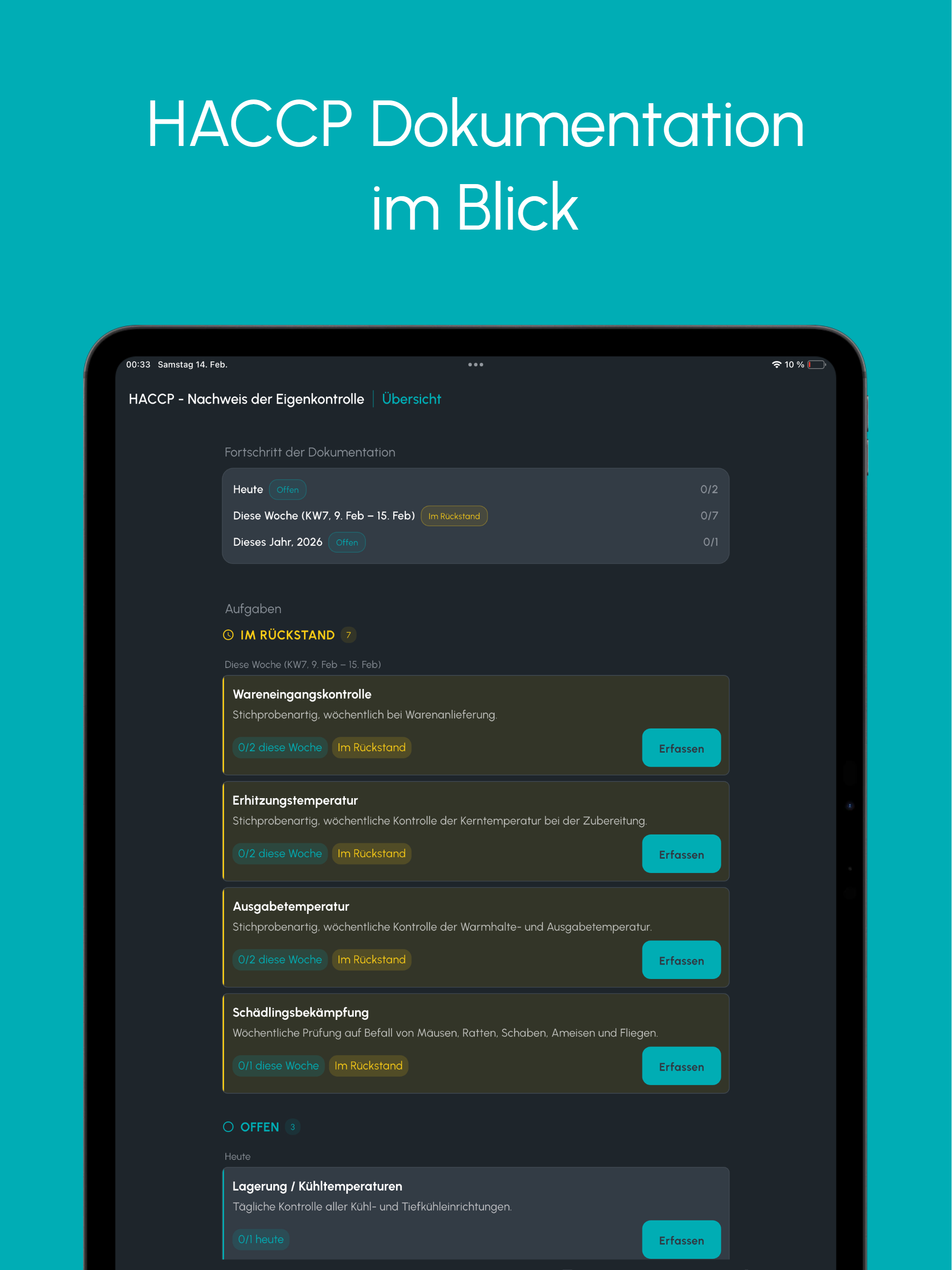 HACCP Nachweis – Tagesübersicht mit fälligen, erledigten und überfälligen Einträgen