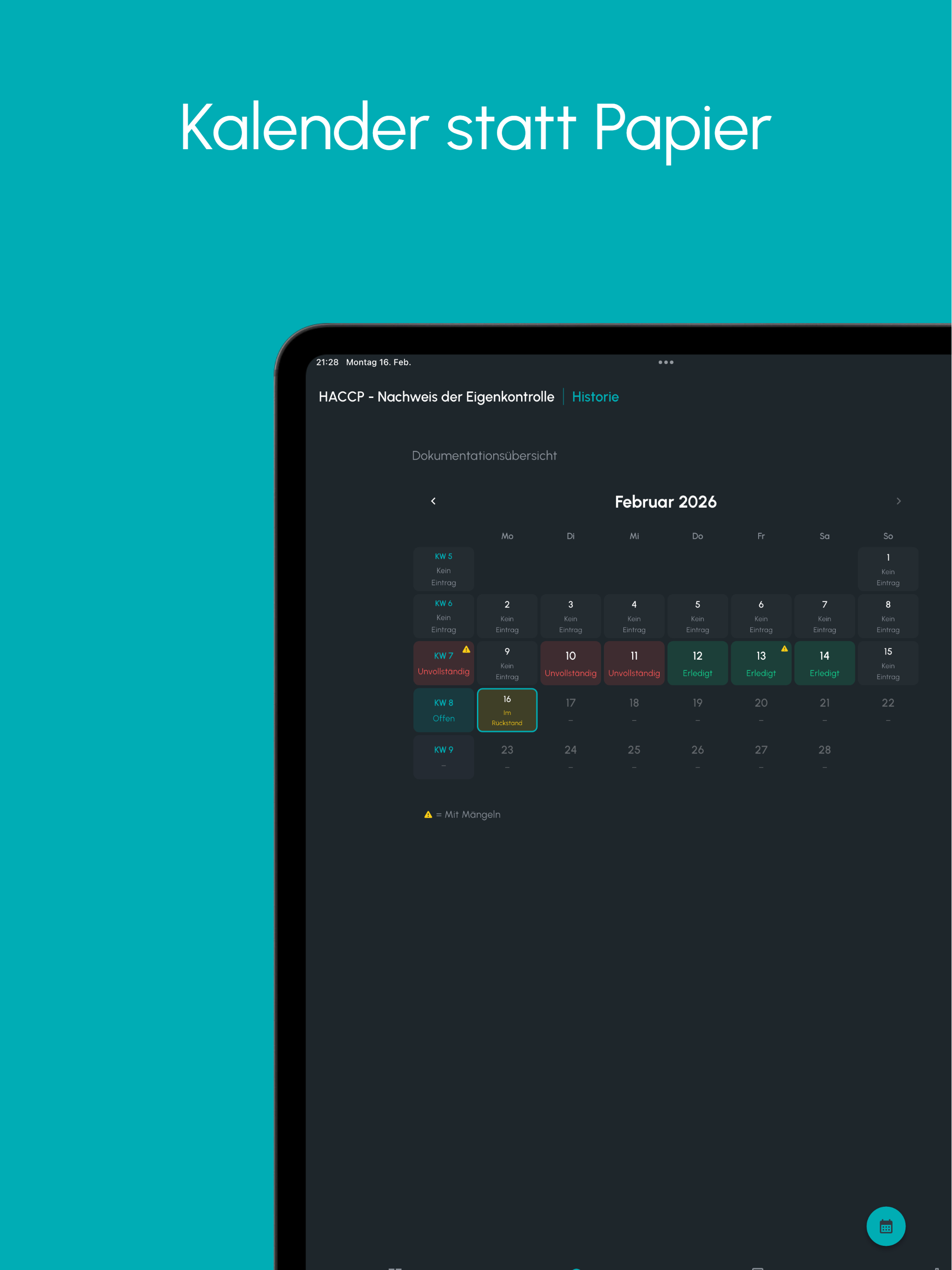 HACCP Nachweis – Kalenderansicht zur Planung und Nachverfolgung der Dokumentation