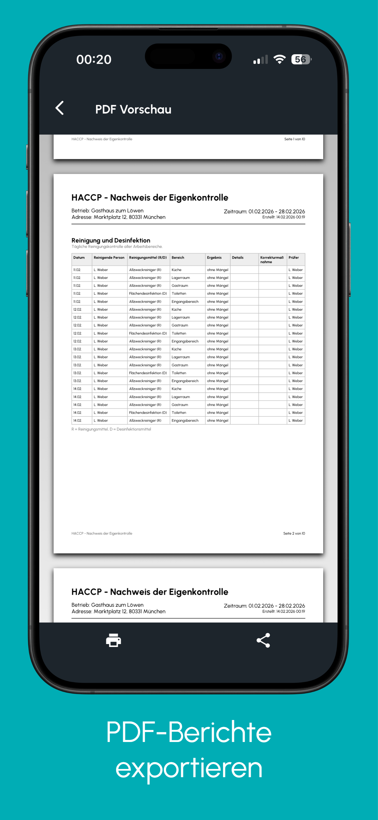 HACCP Nachweis – PDF-Bericht exportieren mit Zeitraum, Einträgen und Zeitstempeln